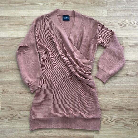Kittenish Womens Knit Wrap Sweater Dress Medium Mauve Brighton Balloon Sleeve - Picture 2 of 7